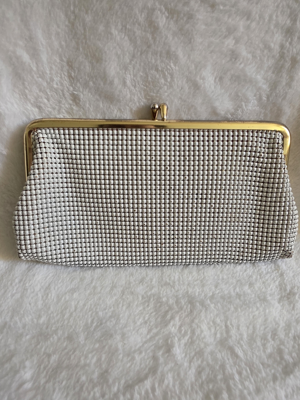 Vintage Whiting & Davis White Enamel Metal Mesh Clutch Purse 1950s